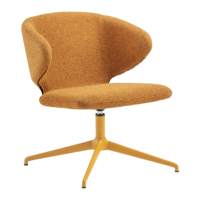 Stylish mid-century chair in warm mustard yellow with a textured fabric upholstery and a sleek metal base.