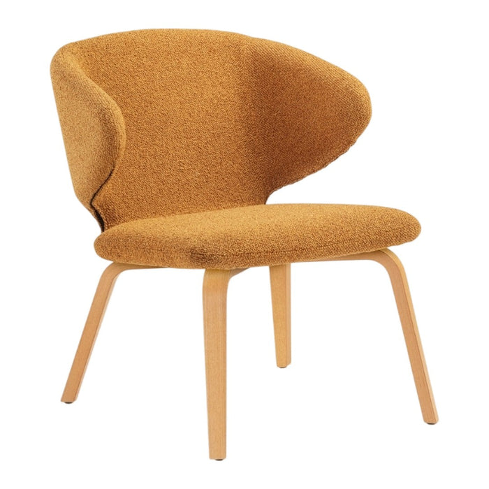 Stylish chair in warm mustard yellow with a textured fabric pattern and natural wood legs. Perfect for modern decor.