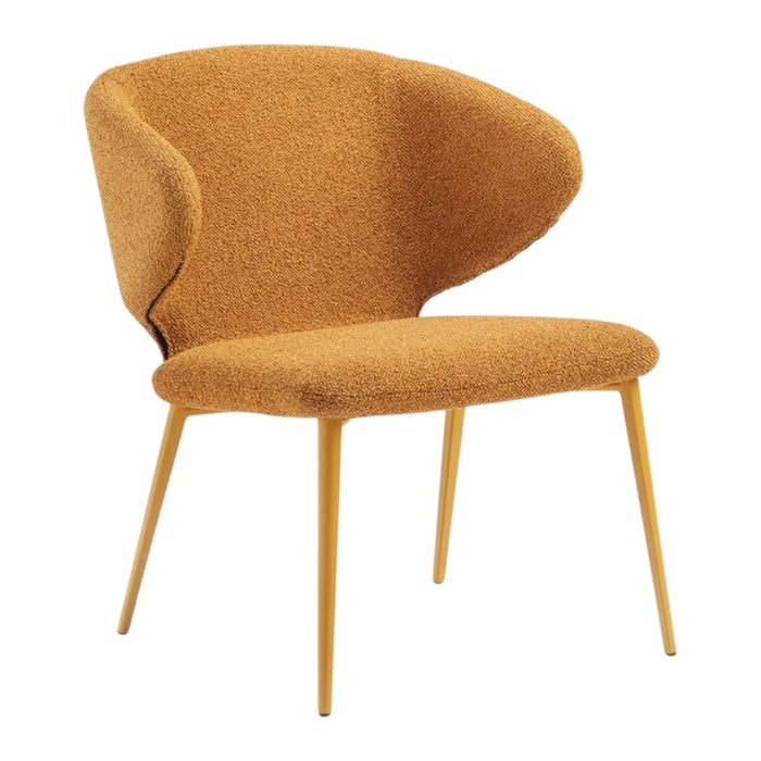 Stylish mustard yellow accent chair with a textured, cozy fabric and minimalist wooden legs.