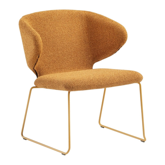 "Stylish mustard yellow lounge chair with a textured fabric and gold metal legs, perfect for modern decor."