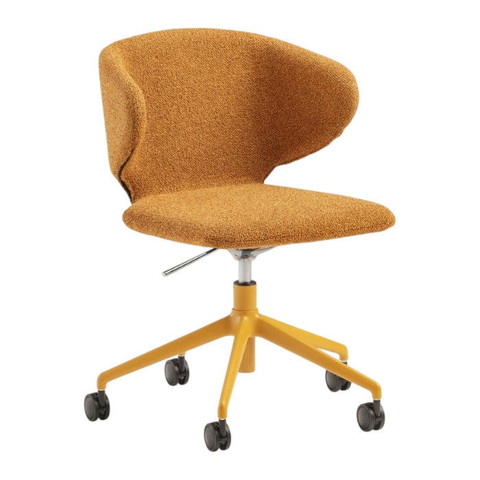"Mustard yellow upholstered ergonomic chair with a textured surface and contrasting yellow base on rolling wheels."