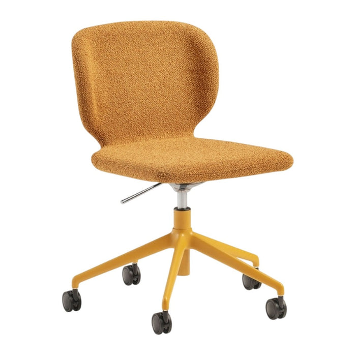Textured mustard yellow office chair with a soft, rounded backrest and a vibrant yellow base on rolling wheels.