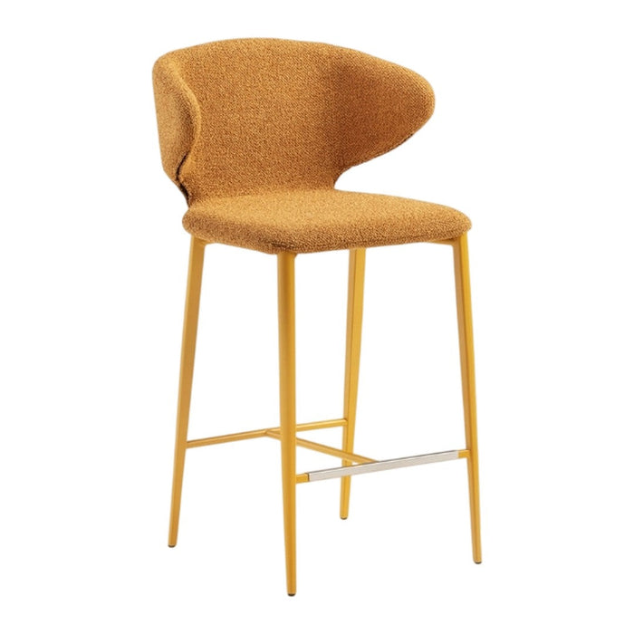 Stylish bar stool with a textured mustard yellow seat and contrasting light wood legs, perfect for modern decor.