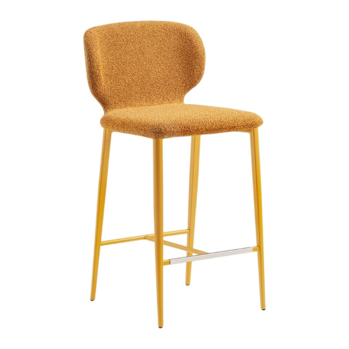 Yellow bar stool with textured fabric upholstery and sleek yellow metal legs. Modern design enhances any space.