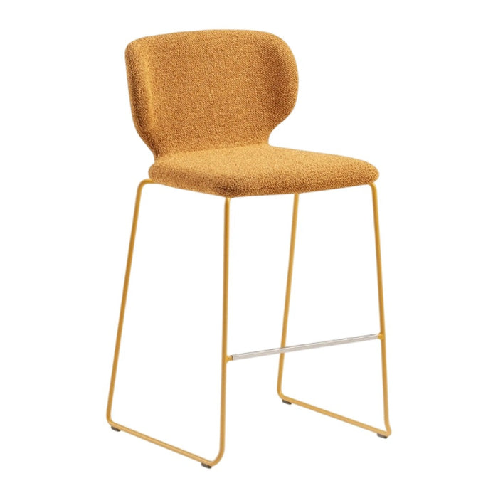 Gold textured bar stool with a soft, fuzzy surface and sleek, metallic legs. Ideal for modern decor.