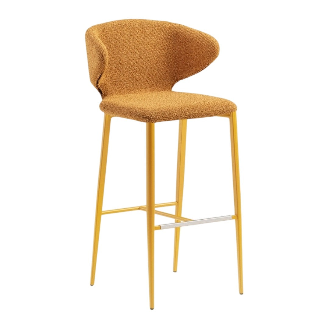 Stylish bar stool featuring a warm mustard fabric seat and bright yellow metal legs for a vibrant touch.