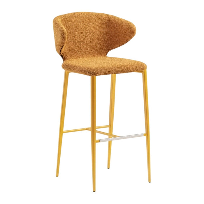 Stylish bar stool featuring a warm mustard fabric seat and bright yellow metal legs for a vibrant touch.
