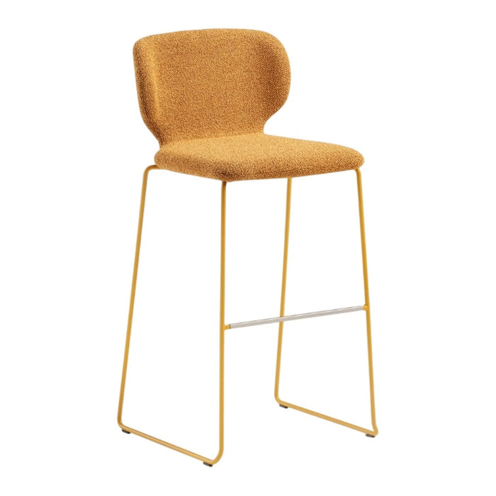 Rust-colored bar stool with a textured upholstery and sleek yellow metal legs, perfect for modern interiors.