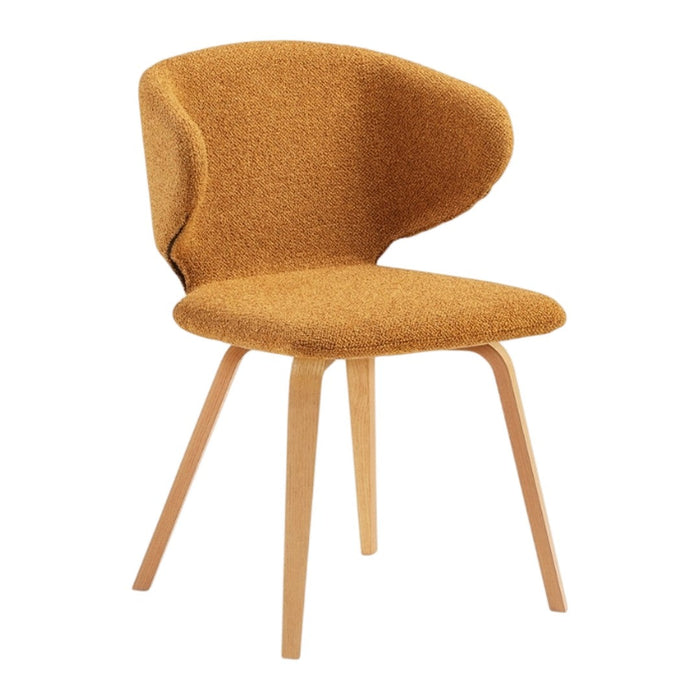 Cozy amber-colored chair with a curved back, featuring a textured fabric and natural wood legs. Perfect for modern decor.