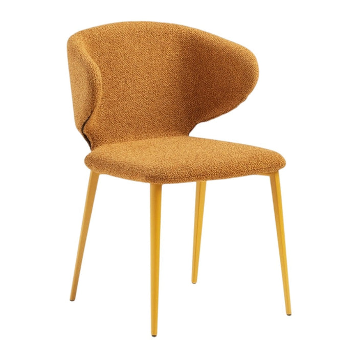 Warm mustard yellow chair with a textured, cozy fabric and sleek yellow legs for modern decor.