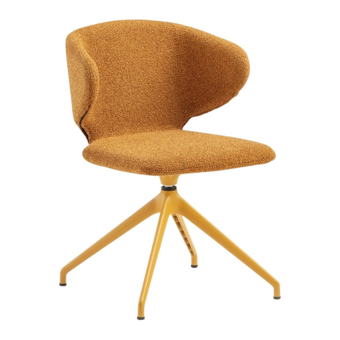 Stylish mustard yellow upholstered chair with a unique textured finish and sleek metal base. Perfect for modern decor.