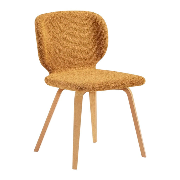 Stylish yellow fabric chair with a textured finish and natural wood legs, perfect for modern decor.