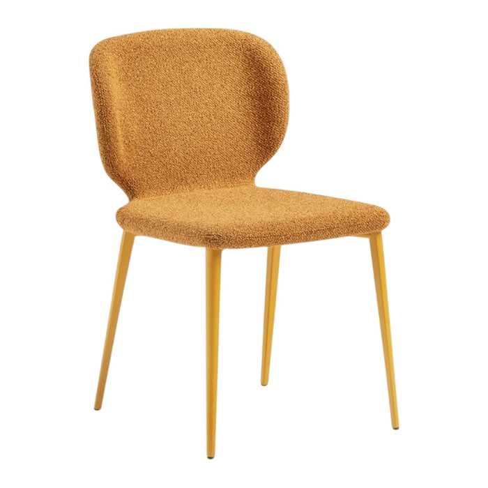 Textured mustard-yellow chair with smooth curved back and sleek yellow legs. Perfect for modern decor.