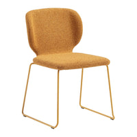 Mustard yellow textured chair with minimalist design and sleek metal legs. Perfect for modern interiors.