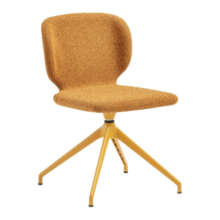 Modern mustard yellow chair with a textured fabric seat and a sleek matching base, perfect for contemporary decor.