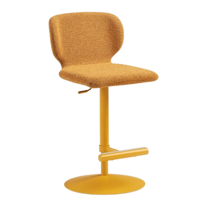 Stylish yellow bar stool with a textured fabric seat and matching base, perfect for contemporary decor.