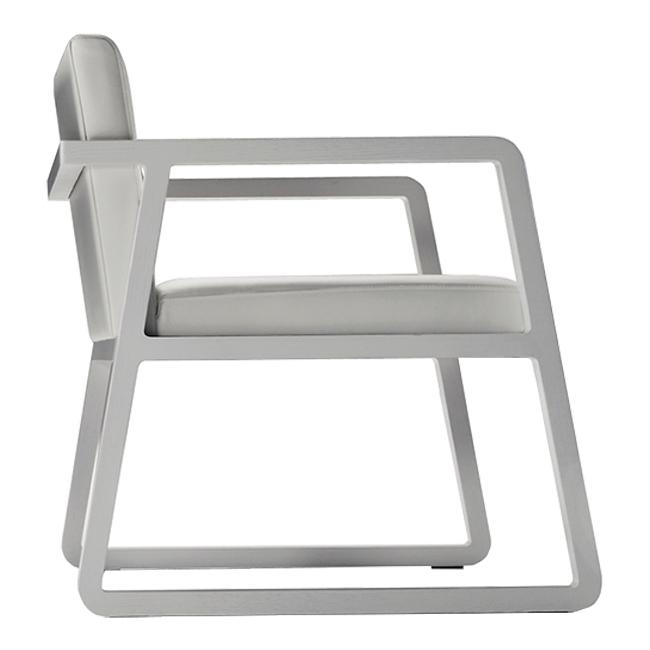 Modern gray chair with a sleek silver frame and smooth leather upholstery, featuring minimalist geometric design.