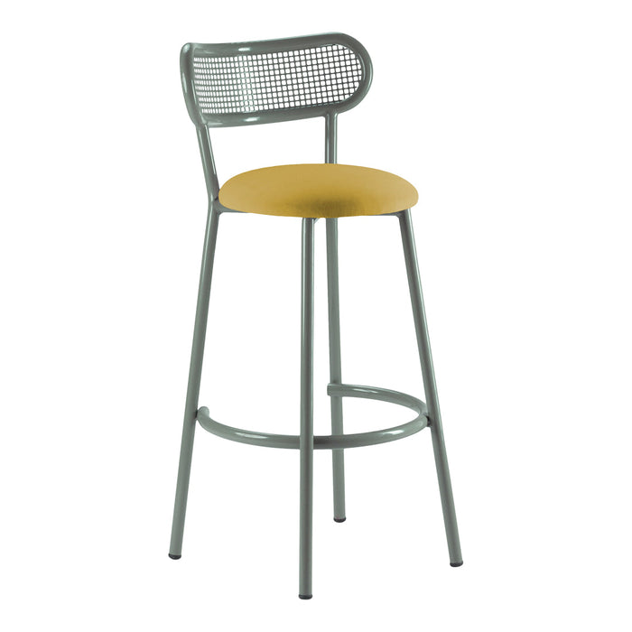Gray metal bar stool with a yellow upholstered seat and a stylish woven backrest design.