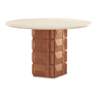 Round dining table with a smooth beige top and a geometric, textured terracotta base. Modern minimalist design.