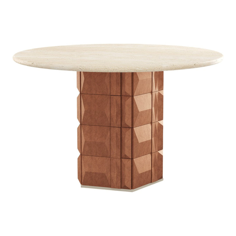Round dining table with a smooth beige top and a geometric, textured terracotta base. Modern minimalist design.