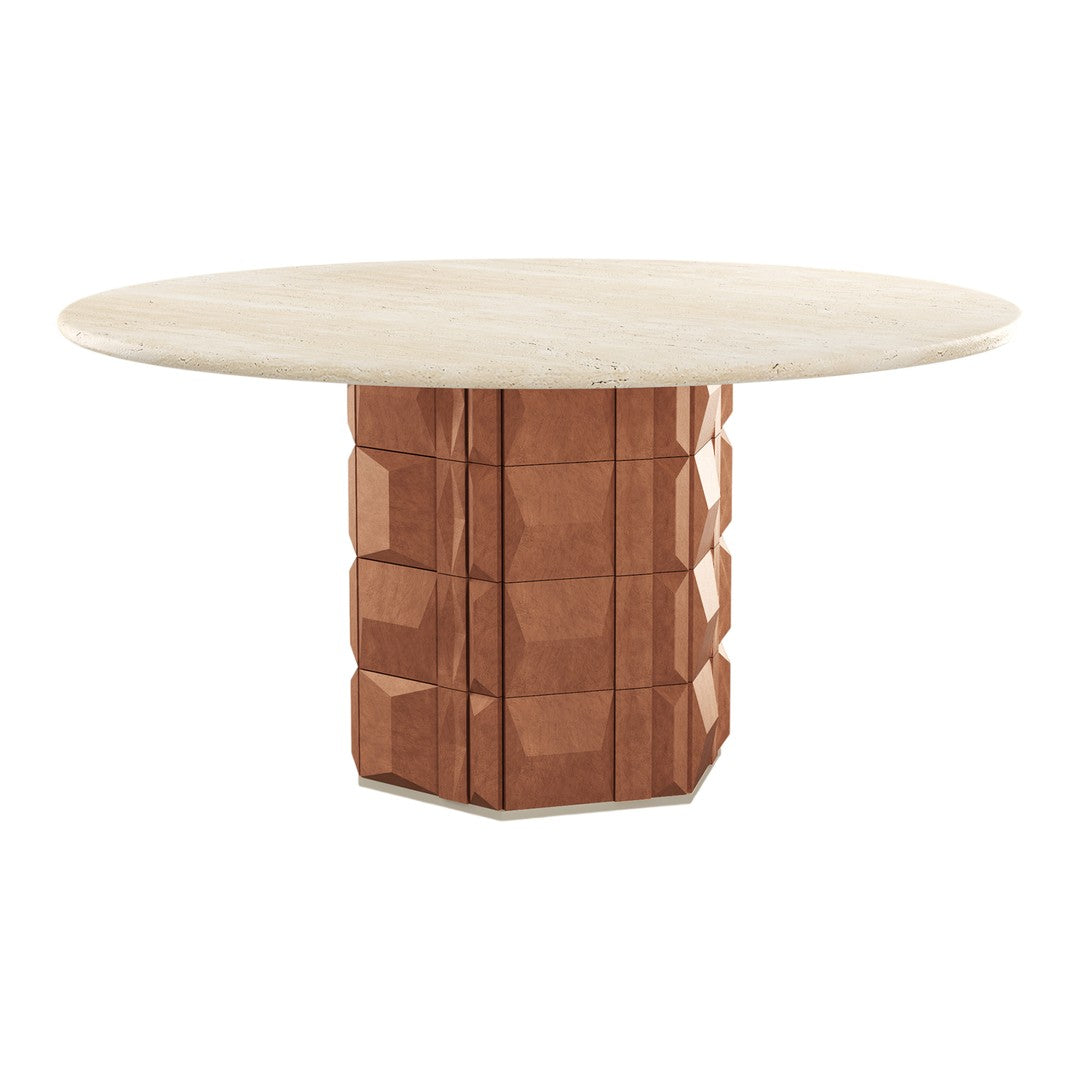 Round dining table featuring a white top and a textured terracotta pedestal base. Modern design with earthy tones.