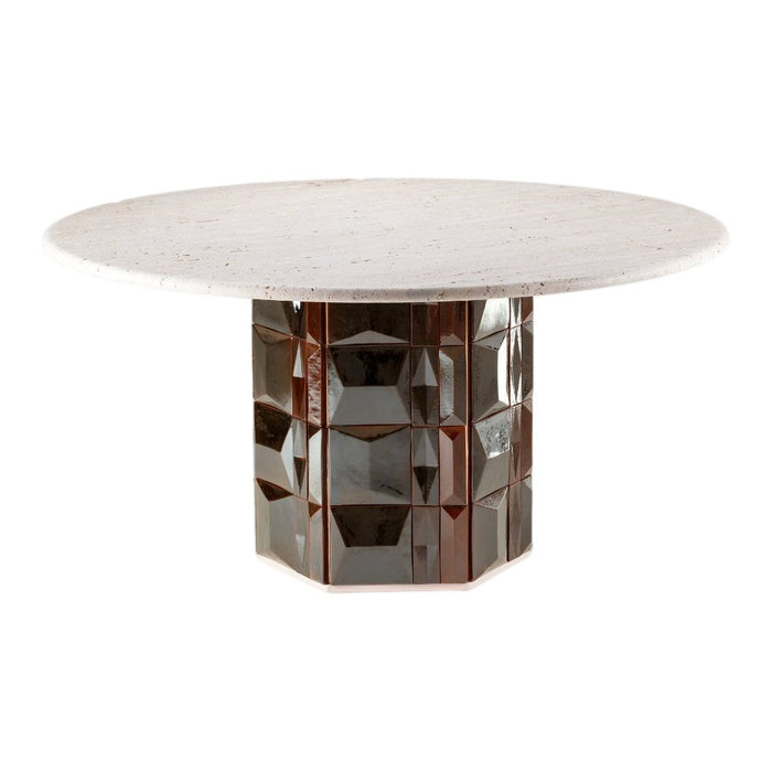 Round table with a textured beige top and a reflective, geometric brown base for a modern aesthetic.