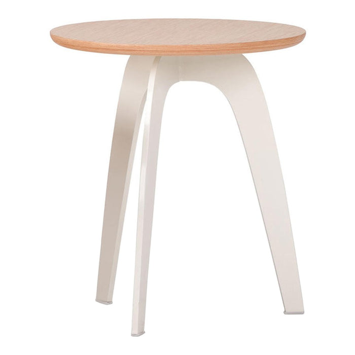 Round wooden top with natural finish, contrasted by sleek white legs, perfect for modern decor.