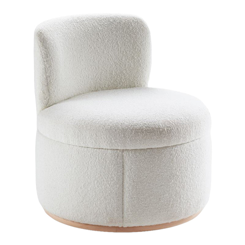 Cozy white boucle accent chair with smooth, rounded shapes and a warm wooden base. Ideal for modern decor.