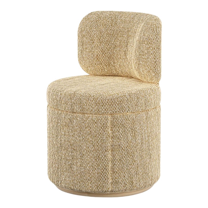 Beige upholstered stool with textured fabric featuring subtle cream and gold flecks, perfect for modern decor.