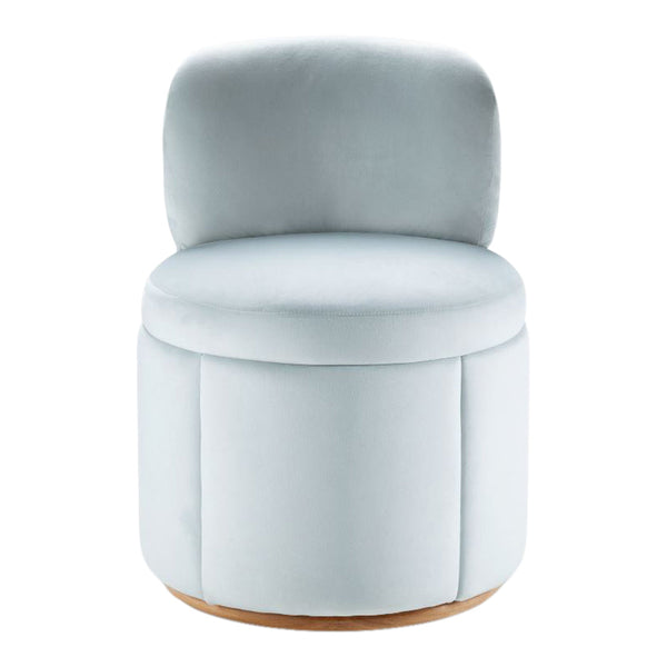 Light blue velvet upholstered accent chair with rounded back and cylindrical design. Smooth texture and minimalistic style.