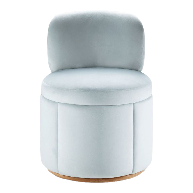Light blue velvet upholstered accent chair with rounded back and cylindrical design. Smooth texture and minimalistic style.