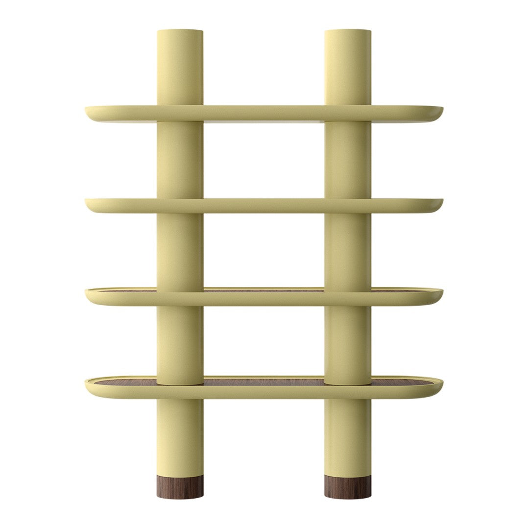 Stylish yellow shelving unit with a modern design featuring horizontal shelves and contrasting brown accents.