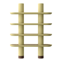 Stylish yellow shelving unit with a modern design featuring horizontal shelves and contrasting brown accents.