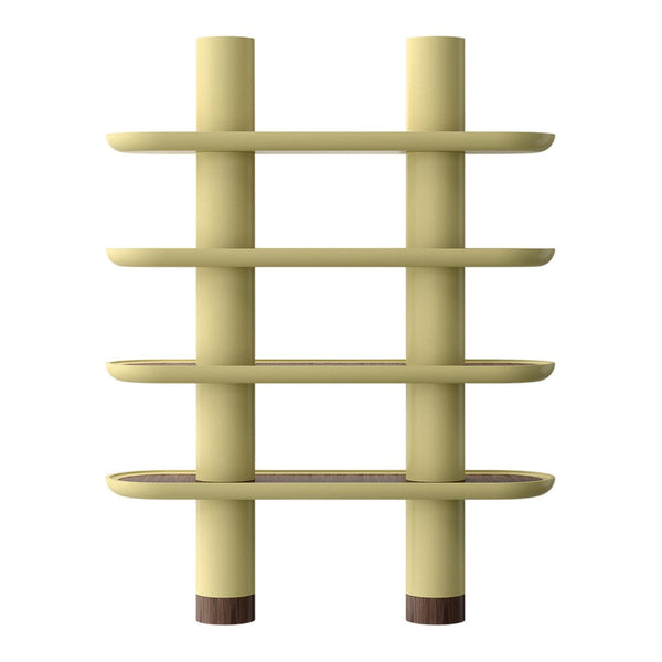 Stylish yellow shelving unit with a modern design featuring horizontal shelves and contrasting brown accents.