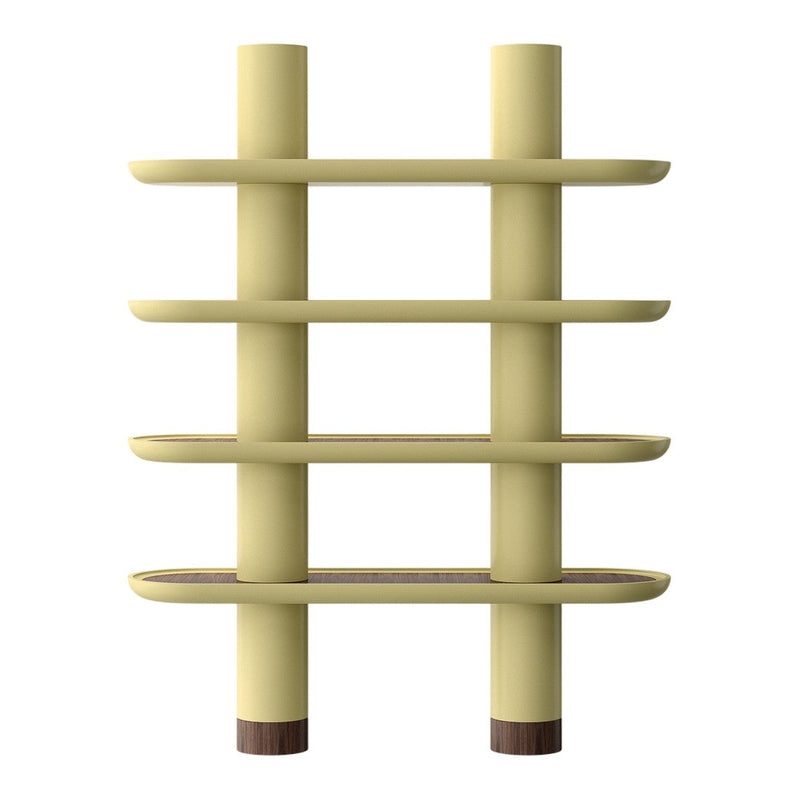 Stylish yellow shelving unit with a modern design featuring horizontal shelves and contrasting brown accents.