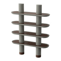 Modern shelving unit featuring grey cylindrical supports and rich wood-grain shelves with sleek, rounded edges.