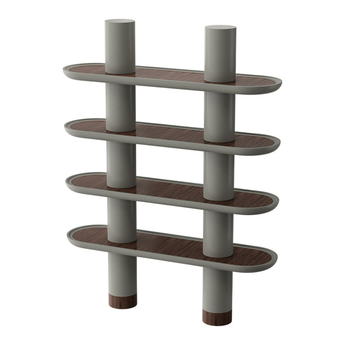 Modern shelving unit featuring grey cylindrical supports and rich wood-grain shelves with sleek, rounded edges.