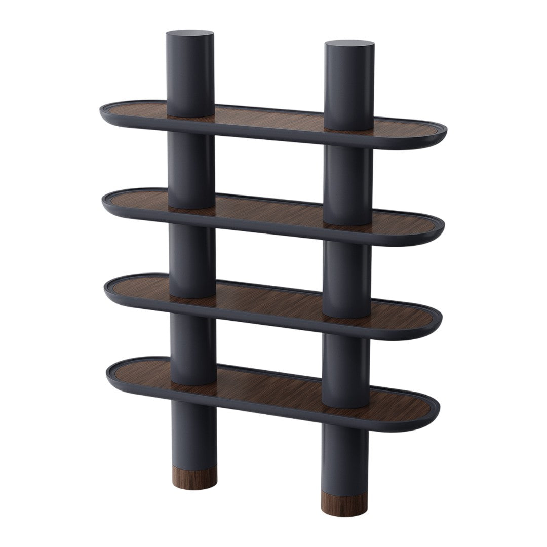 Stylish shelving unit featuring dark wood shelves and matte black poles, showcasing a sleek, modern design.