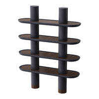 Stylish shelving unit featuring dark wood shelves and matte black poles, showcasing a sleek, modern design.