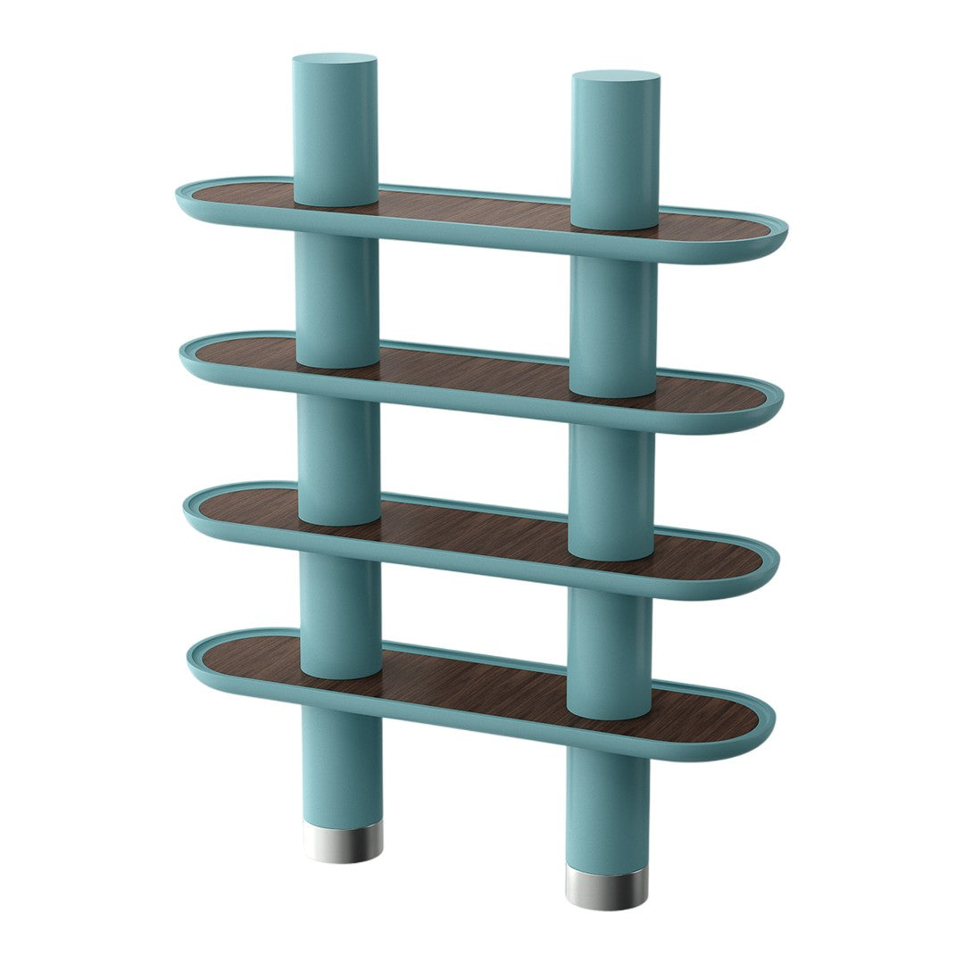 Aqua blue shelving unit with rounded edges and dark wood shelves, featuring a modern geometric design.