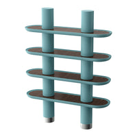 Aqua blue shelving unit with rounded edges and dark wood shelves, featuring a modern geometric design.