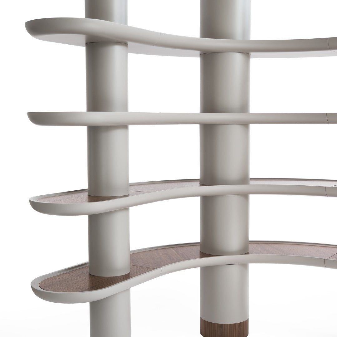Sleek white shelving unit with curved brown accents and horizontal patterns, creating a modern and stylish look.