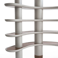 Sleek white shelving unit with curved brown accents and horizontal patterns, creating a modern and stylish look.