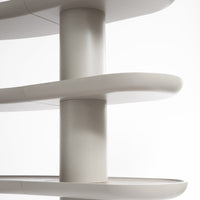 Light gray curved shelves against a white background, featuring smooth lines and minimalist design.