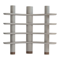 Modern white shelving unit with curved shelves and natural wood accents. Elegant, minimalist design perfect for any space.