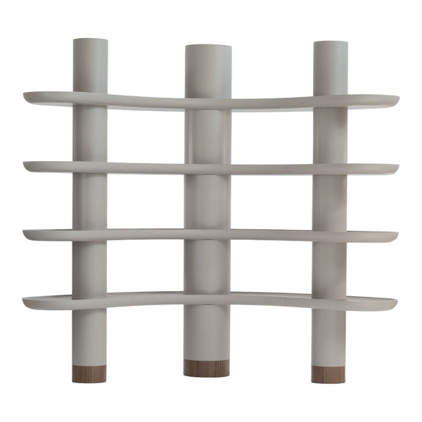 Modern white shelving unit with curved shelves and natural wood accents. Elegant, minimalist design perfect for any space.