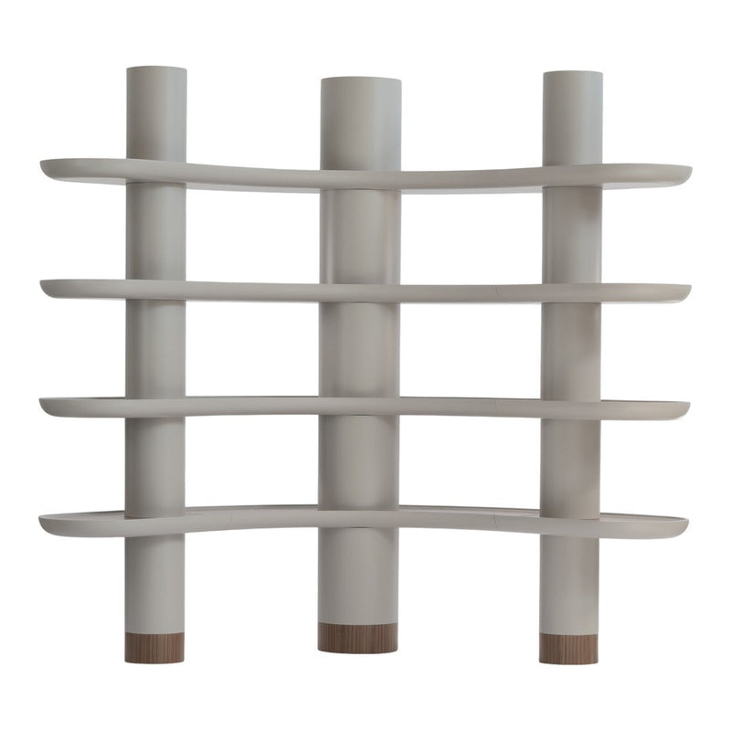 Modern white shelving unit with curved shelves and natural wood accents. Elegant, minimalist design perfect for any space.