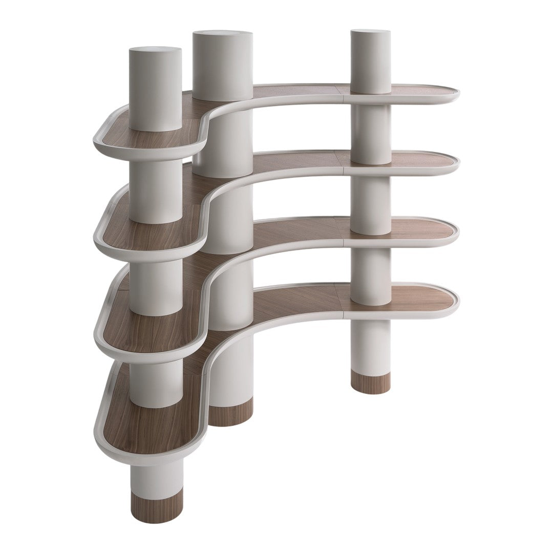 Curved white shelves with wood accents in a modern geometric design. Elegant and stylish for any space.