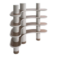 Curved white shelves with wood accents in a modern geometric design. Elegant and stylish for any space.