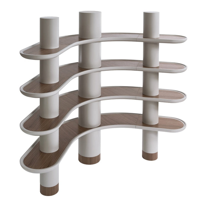 Curved shelf design in white and light brown with smooth, modern lines and cylindrical supports.